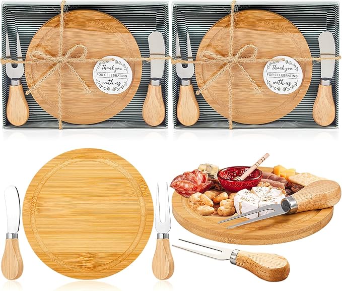 Maxcheck 2 Sets Baby Shower Bridal Game Prizes for Winners Round Cheese Board Set Wood Mini Charcuterie Board with Knives and Forks Thank You Card with Gift Box for Guests Wedding (Bamboo)