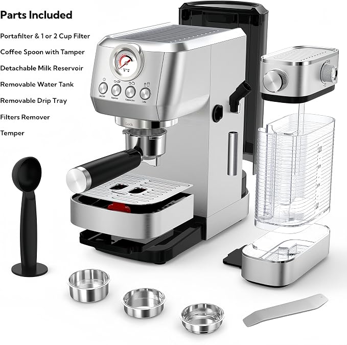 MAttinata Cappuccino Machine, Espresso Machine with Automatic Milk Frother | Compact Coffee Maker, 20 Bar Italian Pump, Pressure Gauge, Adjust Hot Milk Foam, Latte Art, Small for Home, Stainless Steel