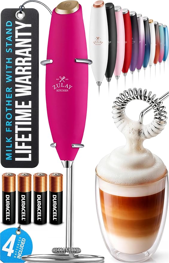 Zulay Kitchen Powerful Milk Frother Wand With 4 AA Duracell Batteries - Ultra Fast Handheld Drink Mixer - Electric Whisk Foam Maker for Coffee, Lattes, Cappuccino, Matcha & Creamer - Hot Pink Gold