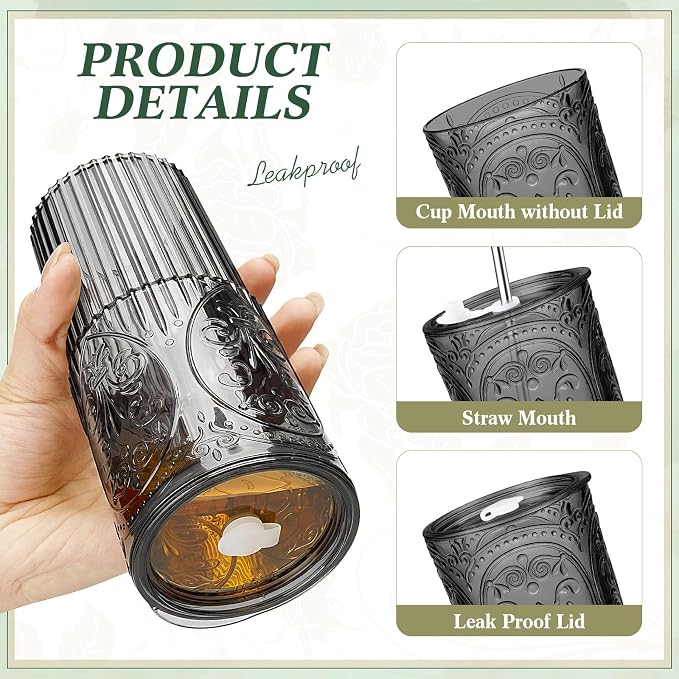 2 Set 20oz Vintage Plastic Tumbler with Lids and Straws Ribbed Floral Drinking Glasses Reusable Iced Coffee Cups for Water Juice Smoothie Cocktail Travel Party Events Gift (Black)