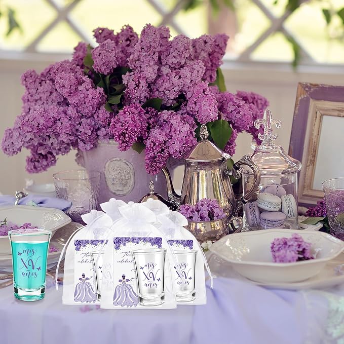 Havawish 25 Sets Quinceanera Party Favors for Guests Quinceanera Acrylic Clear Personalized Shot Glasses Thank You Cards with Organza Bags Mis Xv Años Sweet 15 Birthday Party Favors (Purple)
