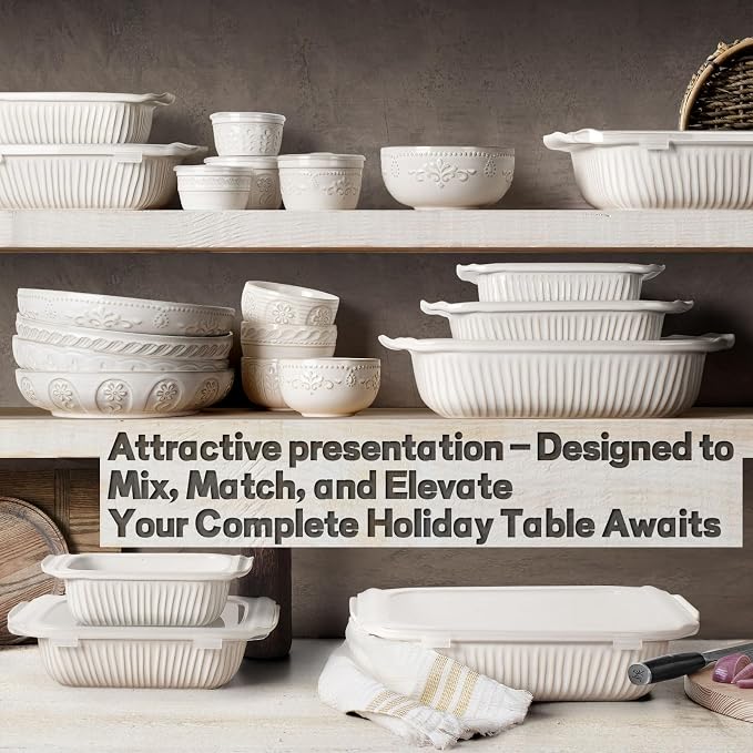 Artena Casserole Dishes For Oven, Ceramic Baking Dish, Large Lasagna Pan With Handles, Baking Pan Casserole Dish, Rectangular Bakeware Deep, Set Of 3 (5.1Qt/2.3Qt/1.1Qt) (White, With Lids)