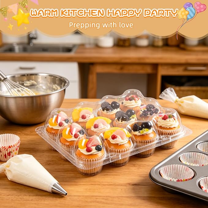 12 Pack x 12 Sets Plastic Cupcake Containers, Stackable Cupcake Boxes Holders with Tall Dome Lid, Disposable Clear Cupcake Carrier Trays for Bakery Transport