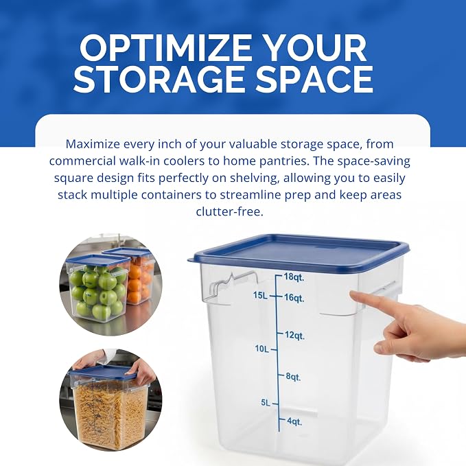 FSE 373-FCWL-18QT Food Container, 18 Qt Square Clear Storage Container with Measurement Markings, Stackable Space-Saving Design, Durable Construction, NSF