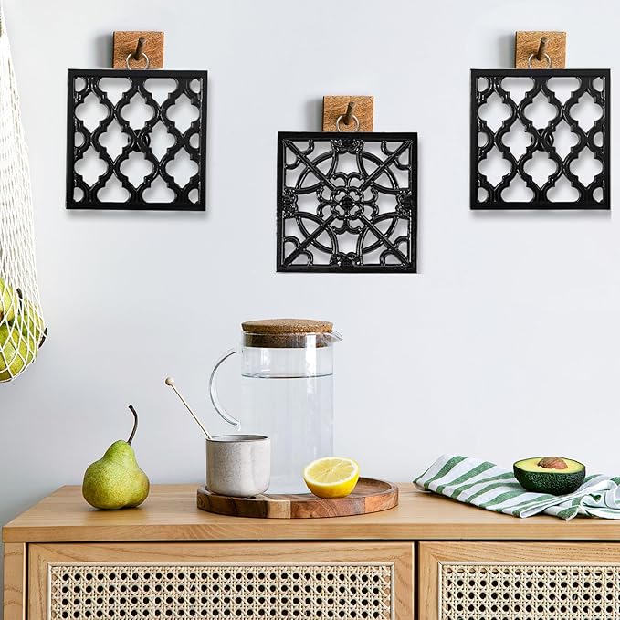 JOGREFUL Cast Iron Trivet Mats, Kitchen Pot Holders to Portect Table/Countertops, Heat Resistant Mats for Teapot/Hot Dishers/Plates, Vintage Mats with Weighted-Base, Flower Black