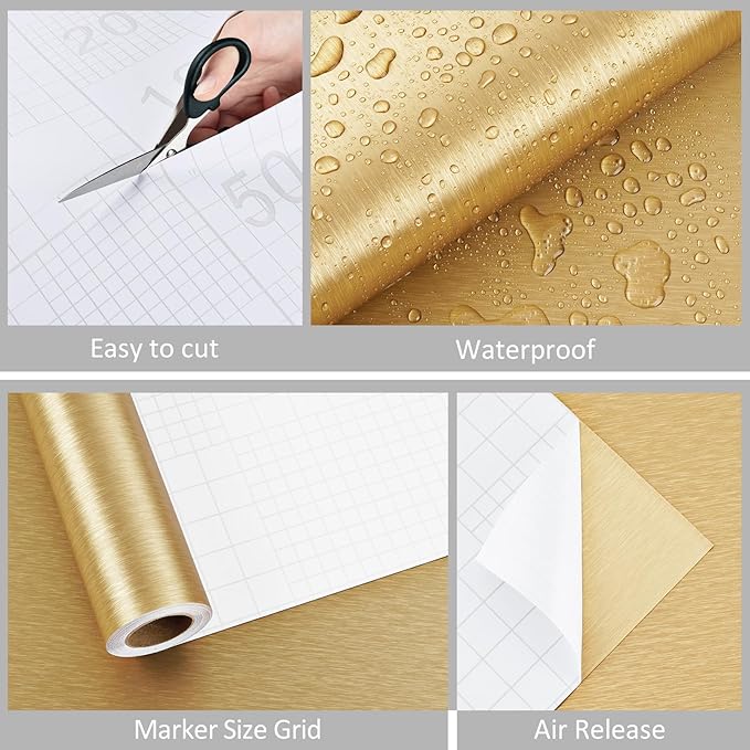 WESTICK Stainless Steel Gold Contact Paper Removable Metallic Gold Wallpaper Peel and Stick Brushed Golden Contact Paper Stainless Steel Vinyl Fridge Wrap for Appliances Cabinets Countertops 17.7"x80"