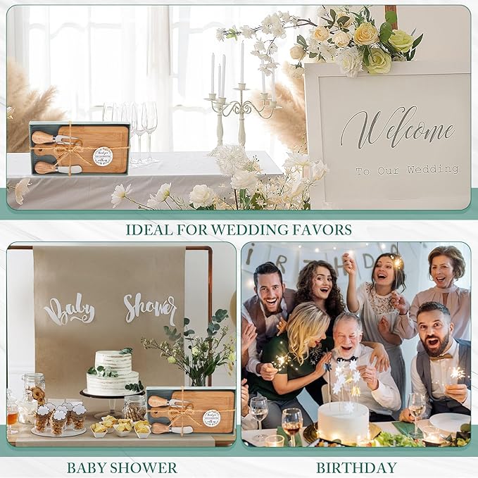Ziliny 4 Set Bridal Baby Shower Cheese Prizes Wooden Square Board Gift Set Knives Forks Thank You Tags with Box for Guests for Valentines Bridal Baby Shower Housewarming Gifts (Bamboo Color)