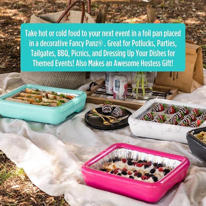 Fancy Panz Aqua Premium Aluminum Foil Pan Carrier with Secure Latch Lid & Hot/Cold Gel Pack - Made in USA Reusable Casserole Carrier for Half Size Pans - Food Transport Holder for Entertaining