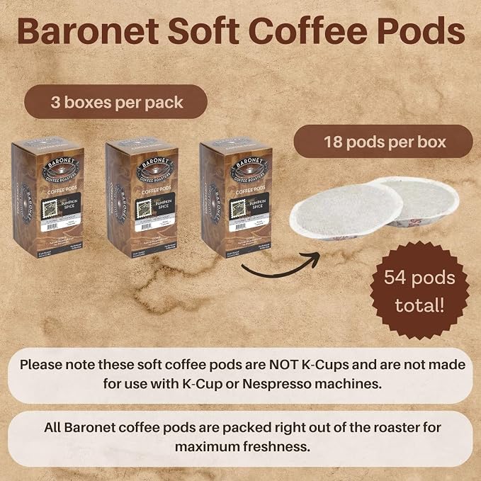 Baronet Coffee Pods [Pumpkin Spice Latte-54 Pods] Flavored Single Cup Use, Like Senseo [3 Boxes of 18 Single Serve 10 Gram] Regular Strength, Medium Roast [PSL]
