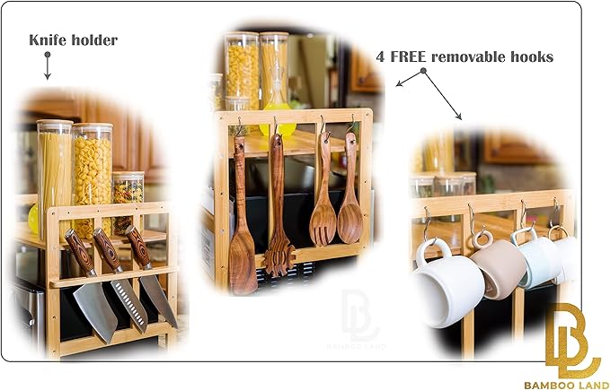 BAMBOO LAND Bamboo Microwave Oven Rack with Hooks and Built-In Knife Holder, Countertop Microwave Shelf