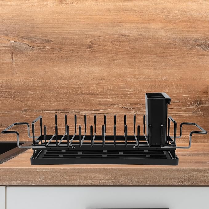 Collapsible Over Sink Dish Drying Rack Stainless Steel Kitchen Counter Organizer with Drain Board and Cutlery Holder for Large Capacity Tableware Storage