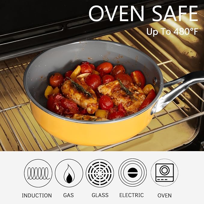 10-Piece Yellow Ceramic Nonstick Cookware Set, Pots and Pans with Glass Lids & Anti-Scald Handles, Non-Toxic PFAS Free, Dishwasher & Oven Safe up to 480°F, Induction & All Stoves Ready