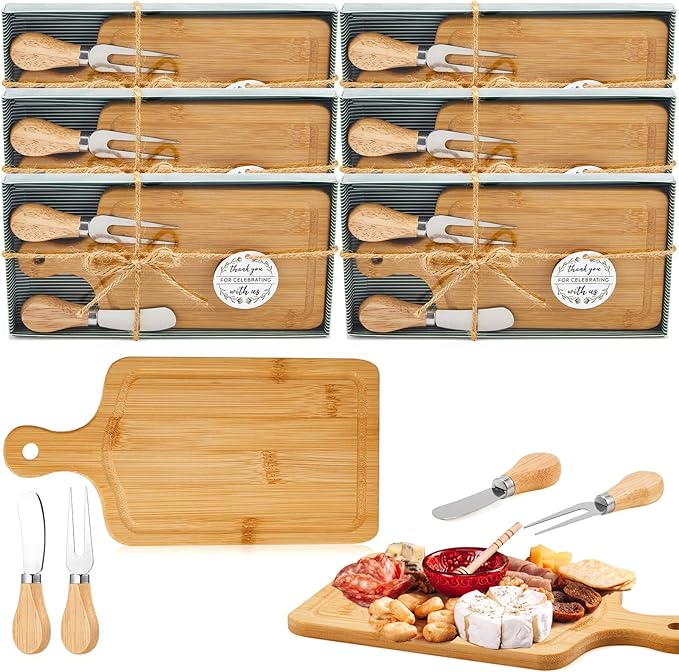 Ziliny 6 Set Bridal Baby Shower Cheese Prizes Wooden Square Board Gift Set Knives Forks Thank You Tags with Box for Guests for Valentines Bridal Baby Shower Housewarming Gifts (Bamboo Color)