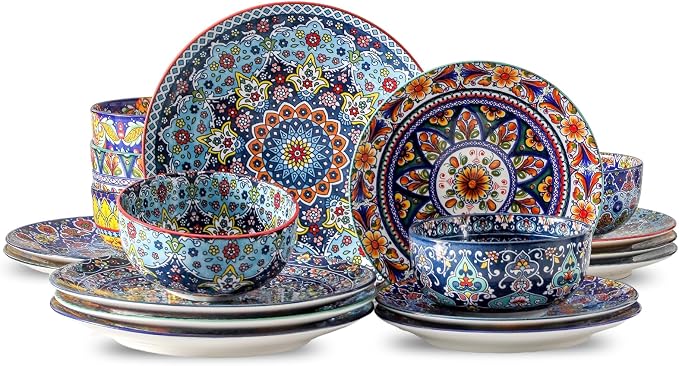 HASENSE 18 Pieces Kitchen Dinnerware Sets Service for 6, Bohemian Style Plates and Bowls Set, Ceramic Vintage Tableware Dishes Set, Scratch Resistant Microwave and Dishwasher Safe, Assorted Color