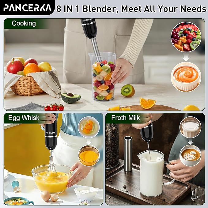 8 In 1 Electric Immersion Blender, Multi-Purpose Hand Blender With Turbo Mode, Detachable Base, 304 Stainless Steel handheld blender With Whisk, Milk Frother Attachments, For Smoothies