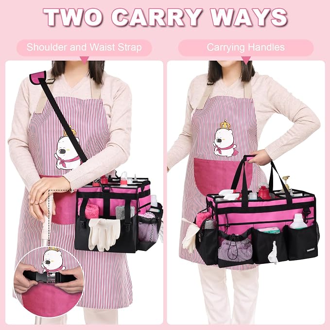 Large Cleaning Caddy Bag With Detachable Divider,Caddy Organizer With Handle,Cleaning Supply Storage With Adjustable Shoulder Strap & Waist Belt For Cleaners,Cleaning Housekeepers