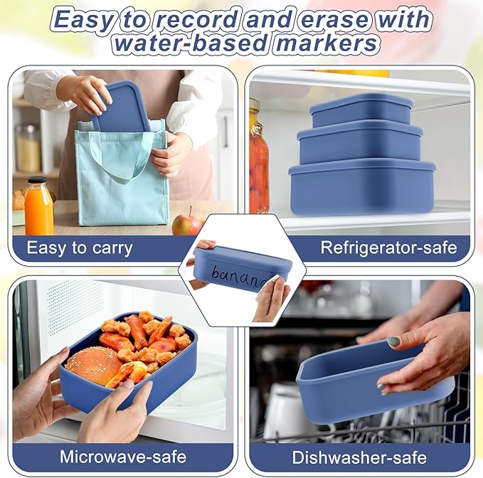 Blushtier 2 Sets of 6 Silicone Food Storage Containers with Lid Silicone Bento Box Rectangular Lunch Box Hard Shell Containers Microwave Dishwasher Freezer Safe, 10 oz, 23.6 oz, 44 Ounce(Blue)