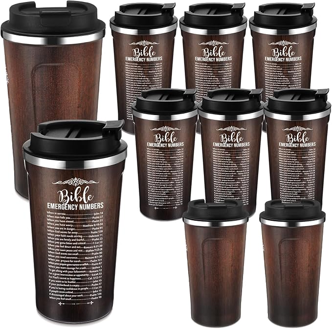 Meanplan 10 Set Father's Day Christian Bible Verse Tumbler Bulk 17oz Coffee Cup Religious Jesus Tumbler Inspirational Mug for Pastor Appreciation Gifts(Brown, Emergency Number Style)