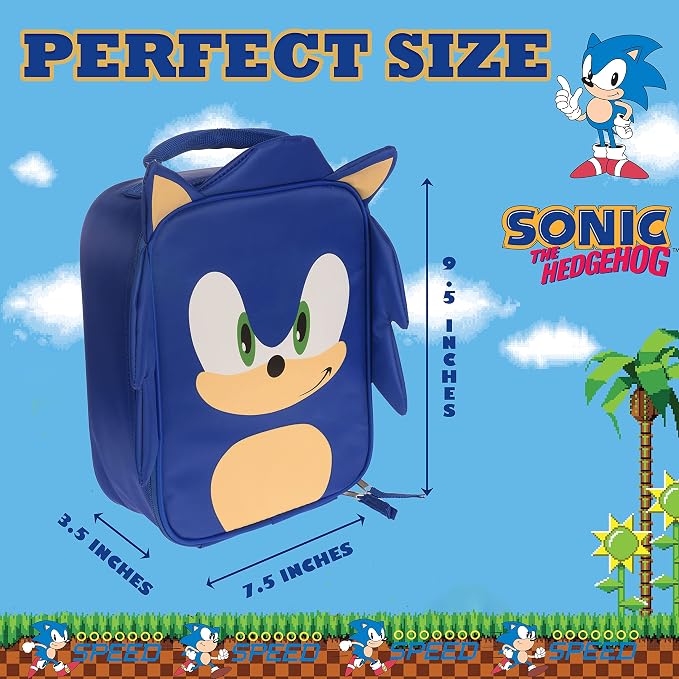 AI ACCESSORY INNOVATIONS Sonic The Hedgehog Insulated Lunch Box, Mini Gaming Cooler with 3D Features and Top Padded Handle