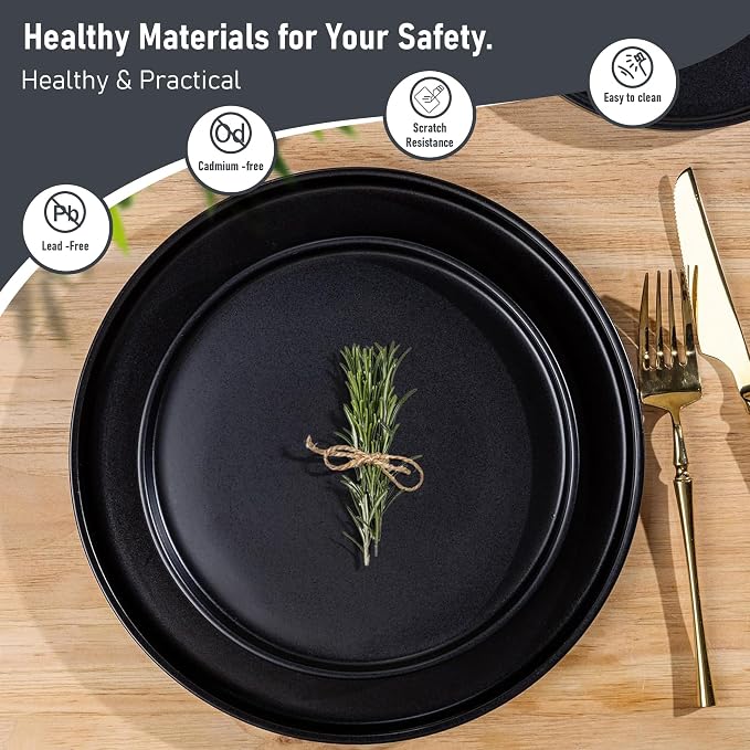 GBHOME Ceramic Dinnerware Sets of 4,Stoneware Plates and Bowls Sets,Chip and Crack Resistant | Dishwasher & Microwave Safe Dishes Set,Scratch Resistant- Service for 4 (12pc)-Matte Black