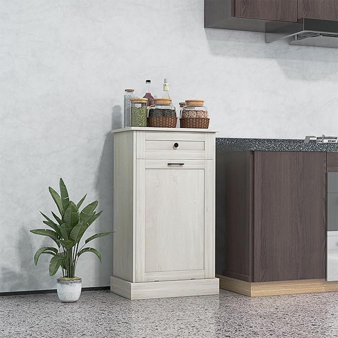 HOMCOM 10 Gallon Tilt Out Trash Cabinet, Wooden Hidden Trash Can with Storage Drawer for Kitchen, Laundry Hamper Cabinet for Bathroom, Light Gray