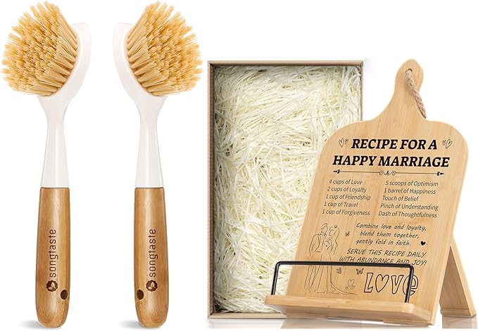 Kitchen Accessories Set, 2 Pack Bamboo Handle Kitchen Dish Brush, Dish Scrubber Built-in Scraper, & Bamboo Cookbook Stand, Wedding Recipe Book Holder