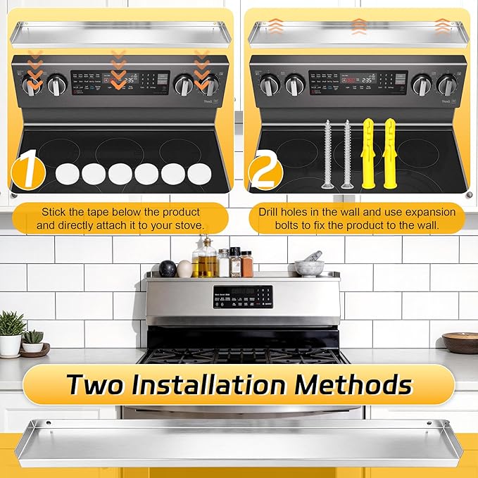 30" Stainless Steel Stove Top Shelf - Dual Mount (Screw & Adhesive) - No Slide/No Spill, Side Guards, Spice Rack & Over The Stove Organizer, StoveShelf (Stay Secure)