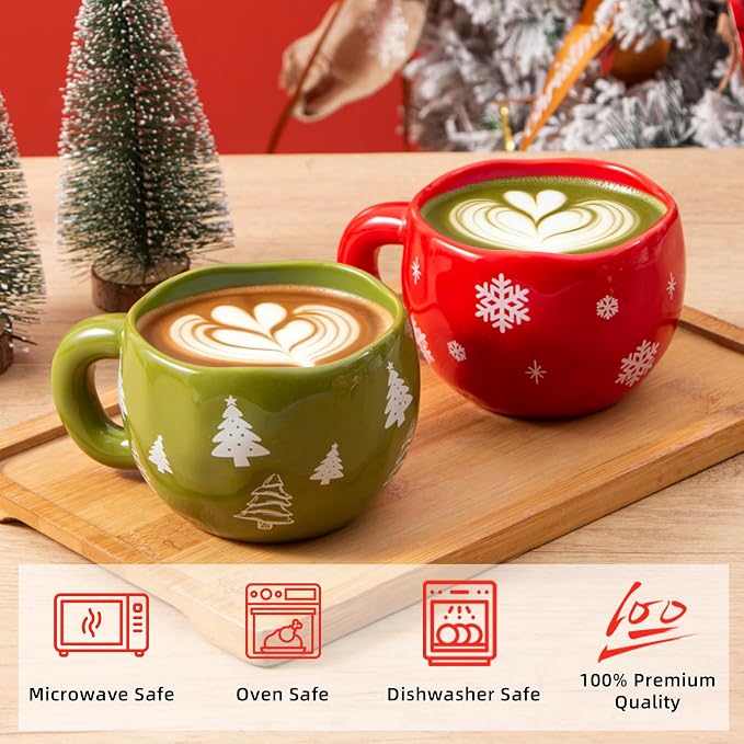 4pcs Ceramic Christmas Mugs Set, 9.4OZ Cute Coffee Cup Set, Red & Green, Dishwasher Safe, Christmas Tree & Snow Design, Gift for Women