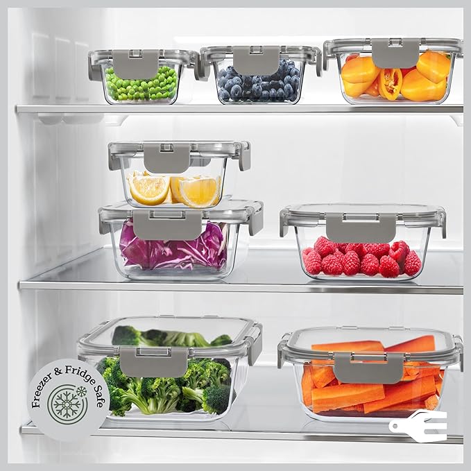 Emporio Kitchen Borosilicate Glass Food Storage Containers with Lids 24 Pieces, BPA-Free Stackable Lunch & Leftover Containers, Microwave, Freezer & Dishwasher Safe, 100% Airtight Leak-Proof, Gray