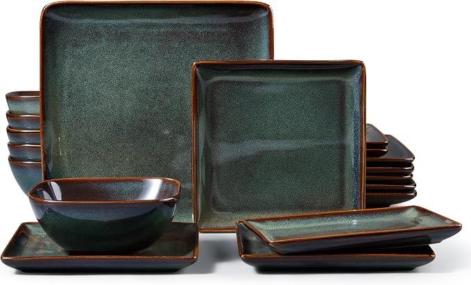E-far Square plates and bowls Sets for 6, 18-Piece Reactive Glaze Stoneware Dinnerware Sets, Ceramic Dishes for Kitchen Dining, Microwave & Dishwasher Safe, Obsidian Green