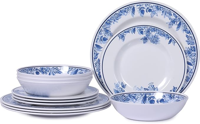 Melamine Dinnerware Sets-12pcs Floral Dinnerware Set Service for 4, Blue White Plates and Bowls Sets, Dishwasher Safe, Break-resistant, Outdoor Camping Picnics Use, Reusable, Traditional Flower