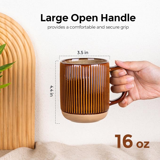 GBhome Large Coffee Mugs Set of 4, 16oz Handmade Stoneware Coffee Mugs Set with Large Handle for Cappuccino/Latte/Tea/Hot Cocoa, Dishwasher & Microwave Safe, Caramel