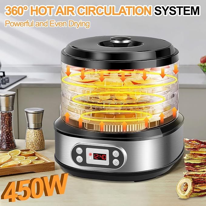LanAqua Food Dehydrator Machine, 450W Stainless Steel Dehydrator for Food and Jerky with 72H Timer & Adjustable Temperature(95-158°F), Digital Food Dehydrator with 5-Trays for Meat, Fruit, Herbs