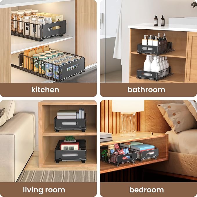 4 Pack Pull Out Cabinet Organizer, Heavy Duty Slide Out Drawer with No Drill Adhesive or Screw Mount, Carbon Steel Roll Out Shelf for Kitchen Cabinet, Pantry & Bathroom Storage