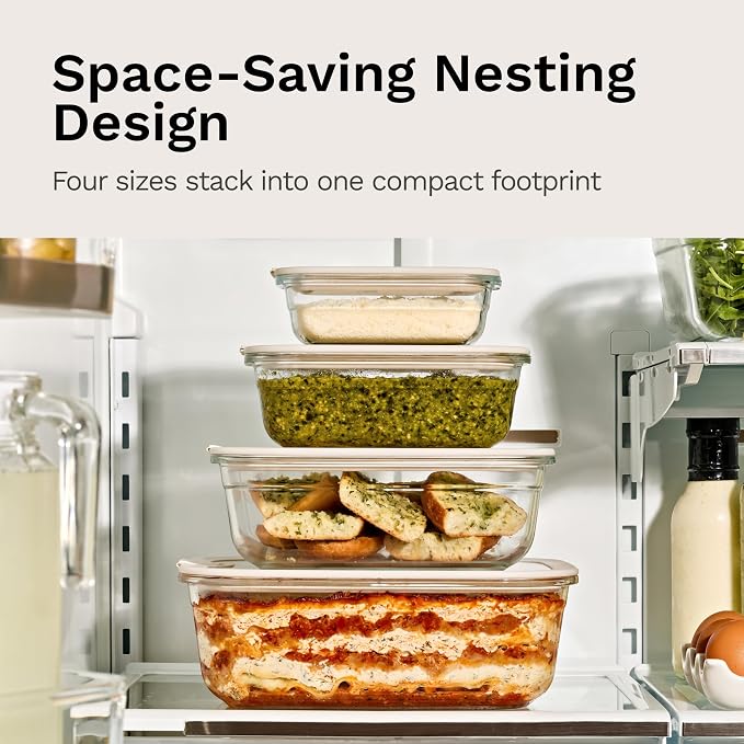 Naked Kitchen 8-Piece Food Storage Containers with Lids – Nesting Borosilicate Glass Meal Prep Containers with Leak-Proof Airtight Seal – BPA Free, Microwave, Oven, Freezer & Dishwasher Safe – Cream