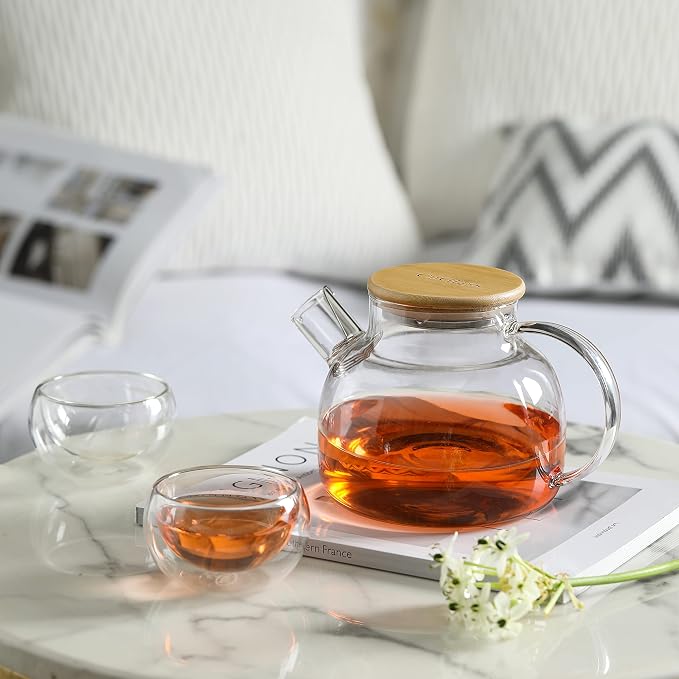 CNGLASS 30.4oz Glass Teapot with 17oz Double Wall Glass Coffee Mugs