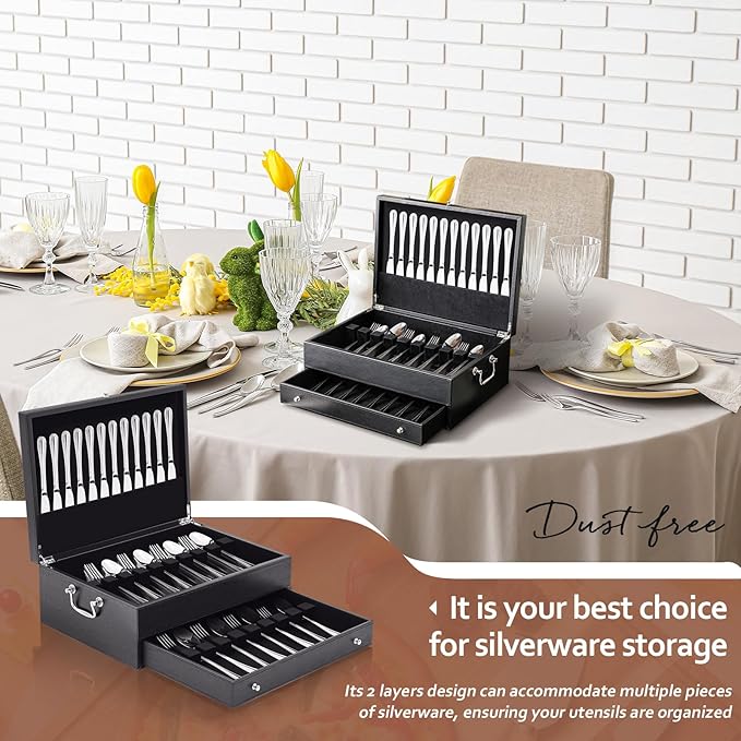 DoubleFill 2 Layer Leather Silverware Storage Box with Lid and Handles, Anti Tarnish Silverware Storage Chest Case with Felt-lined for 12-16 or More Sets of Utensils Flatware Gifts, 15.3x11.2x5.7 Inch