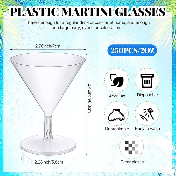 Rtteri 250 Pcs Mini Martini Glasses Plastic 2 Oz Disposable Mini Margarita Cups Clear for Weddings Party Wine Cocktails Drinks Desserts (Martini)