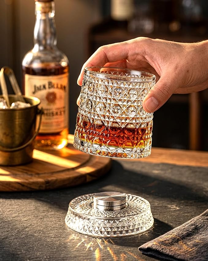 CEEFU Old Fashioned Whiskey Glasses with 360° Rotating Base, Set of 4 (4 Crystal Glasses Set, 4 Big Ice Ball Molds) In Gift Box - Bourbon, Cocktail, Rocks, Bday Gifts Ideas for Men, Gem Pattern