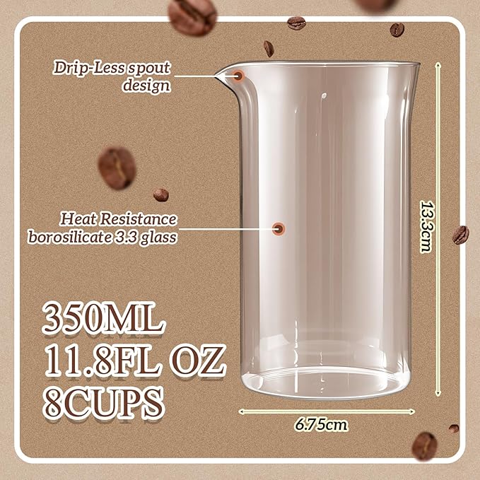 Maxdot 2 Pcs 12 oz French Press Replacement Glass Universal Replacement Beaker for French Press Tea and Coffee Makers Borosilicate 3.3 Glass Spare Carafe