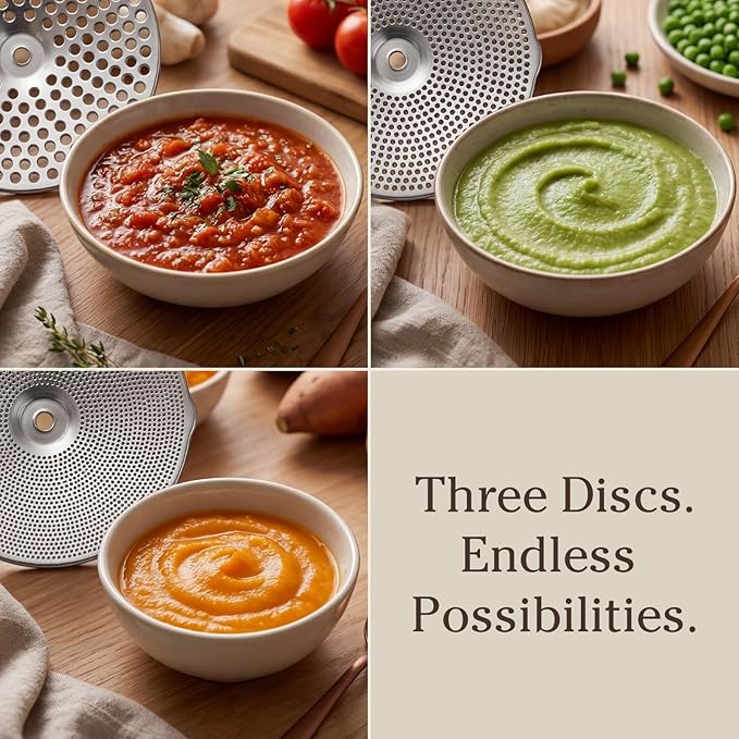 Compact Stainless Steel Food Mill with 3 Discs – Ergonomic Rotary Hand Crank with Removable Handles for Tomato Sauce, Applesauce, Baby Food, Mashed Potatoes & Puree