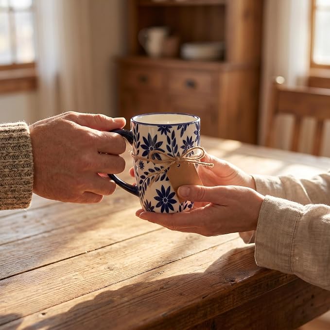 glowworm Coffee Mugs, 16 Ounce Ceramic Coffee Cups Set of 4, Large Latte Cups with Handle for Tea, Mocha, Milk, Perfect for Family Kitchen & Holiday Gifts, Dishwasher & Microwave Safe, Blue & White