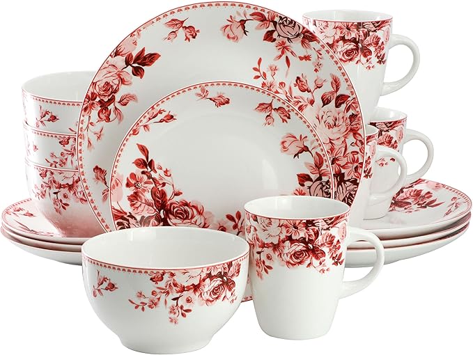 Elama Traditional Rose 16 Piece Porcelain Dinnerwar/Tableware Set, Service for 4 (Red)
