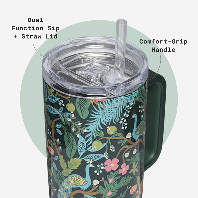 Corkcicle x Rifle Paper Co. Cruiser Insulated Tumbler with Handle & Straw - Keeps Drinks Cold 20 Hours - BPA-Free - Gift for Mom - Great for Mother's Day or Christmas - 40 oz - Peacock Blue