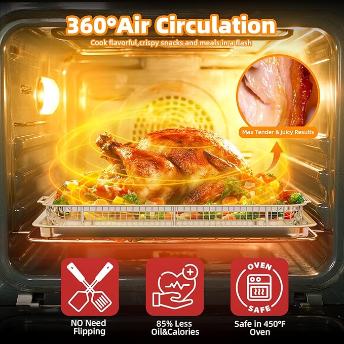 Air Fryer Basket for Oven, 2 Set Air Fryer Pan and Crisper Tray, YEPATER 18.7" x 12.8"&15.7" x 11.6"Large Size Stainless Steel Air Fryer Pan and Crisper Tray with 60 PCS Parchment Paper for Baking