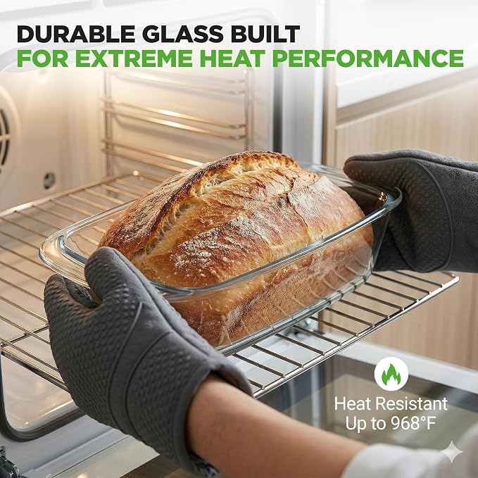 NutriChef 6 Piece Glass Loaf Pans for Baking Bread - 7.6 Cups Stackable Glass Bread Loaf Pan - 3 loaf Pan with 3 Lids - Oven & Microwave Safe, Dishwasher Safe - Clear