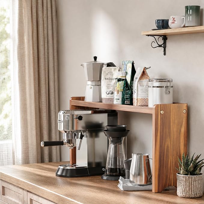 BLUEWEST Wood Over The Stove Spice Shelf for Kitchen Storage, 31.5" Solid Acacia Wood Stove Top Spice Rack Organizer, 12.2" Height, Water-Resistant, No Drilling, Easy to Assemble Kitchen Storage