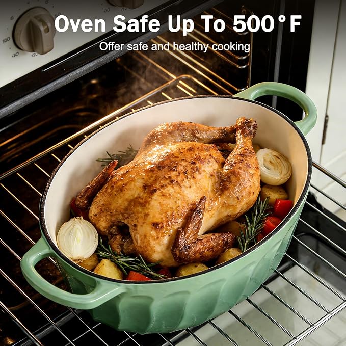 Enameled Dutch Oven Pot with Lid, 7 QT Cast Iron Dutch Oven with Dual Handles, Oval Dutch Oven for Cooking, Bread Baking, Frying, Non-stick Enamel Coated Oven (Pistachio Green)