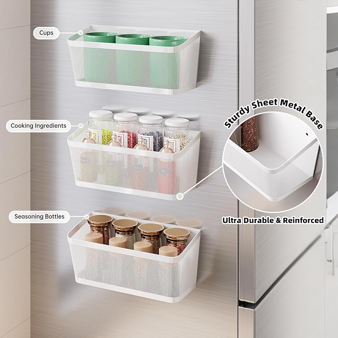 3 Pack Black Metal Magnetic Spice Rack for Refrigerator, Heavy Duty Magnet Shelf for Fridge, Drill Free Mesh Organizer Basket for Kitchen, Pantry, Laundry Room, Garage