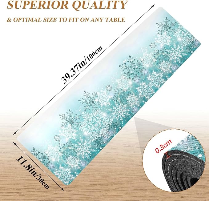 Silver Winter Teal Turquoise Snowflakes Christmas Trivet Table Runner 40 Inches Long Trivet for Hot Pots and Pans/Hot Dishes,Table Protector Heat Up to 230F, Decorative Hot Plates Mat for Kitchen Coun